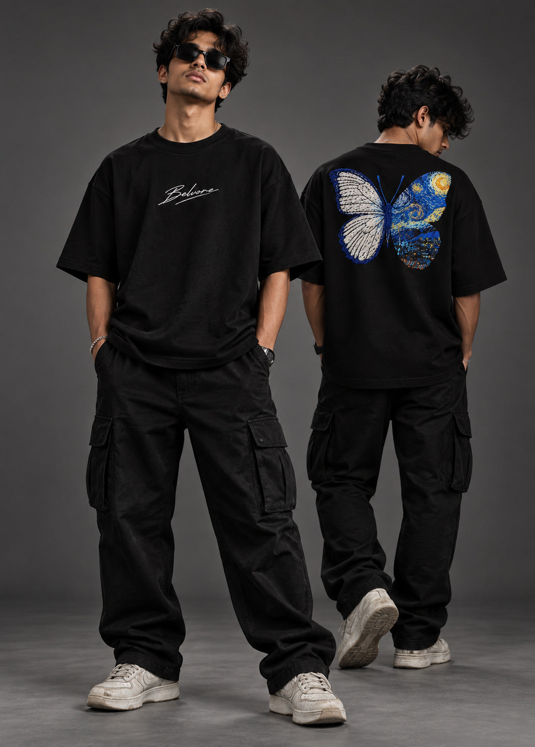 Belvore Starry Butterfly Embroidered Oversized T-Shirt – Black