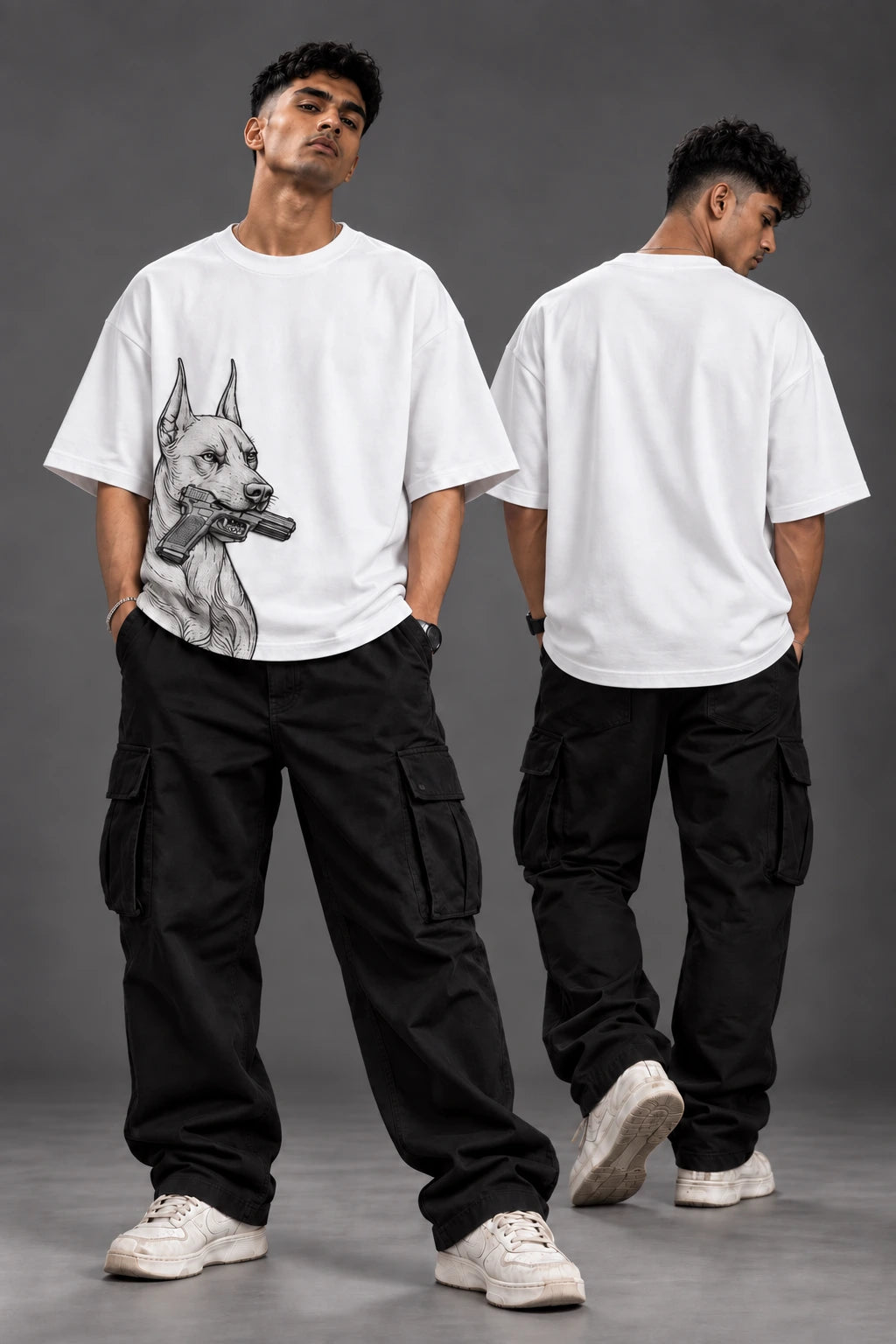 Doberman Graphic Embroidered Oversized T-Shirt – White